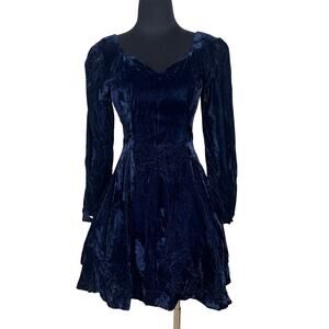 Vintage 80s Navy Blue Rayon Velvet Skater Dress Crinoline Goth Petite XXS REPAIR